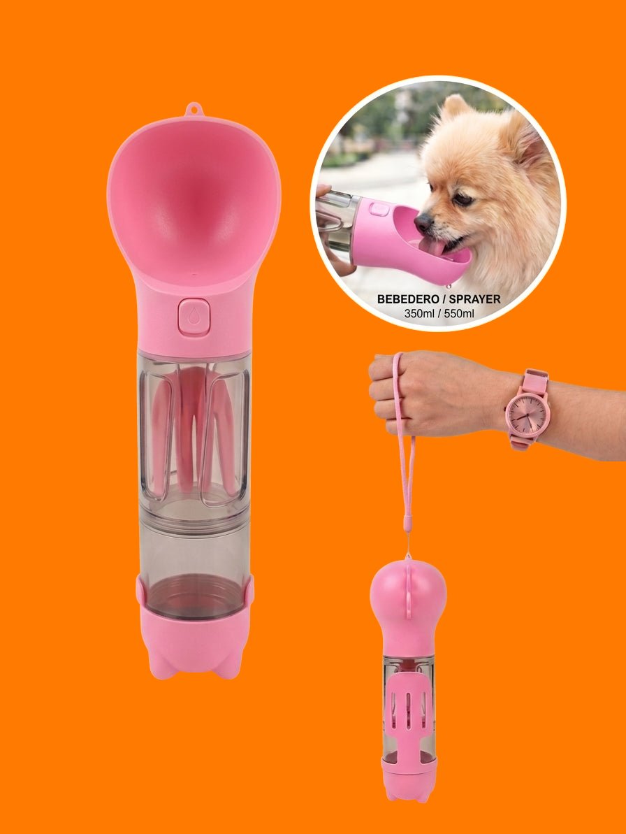 Perro bebiendo del bebedero portátil rosado y persona llevándolo de la correa