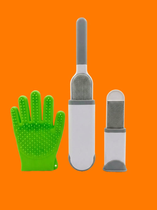 Kit quitapelos 3 en 1: guante de silicona verde, cepillo quitapelos grande y mini cepillo portátil